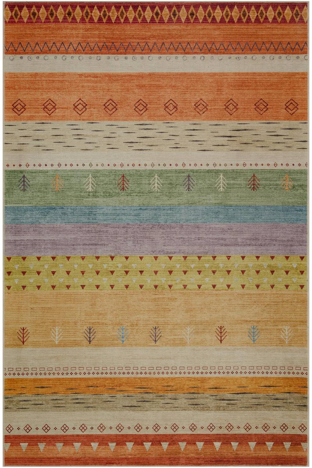 Etnik Kilim Desenli Pamuk Taban Yıkanabilir Baskılı Halı Turuncu - 1