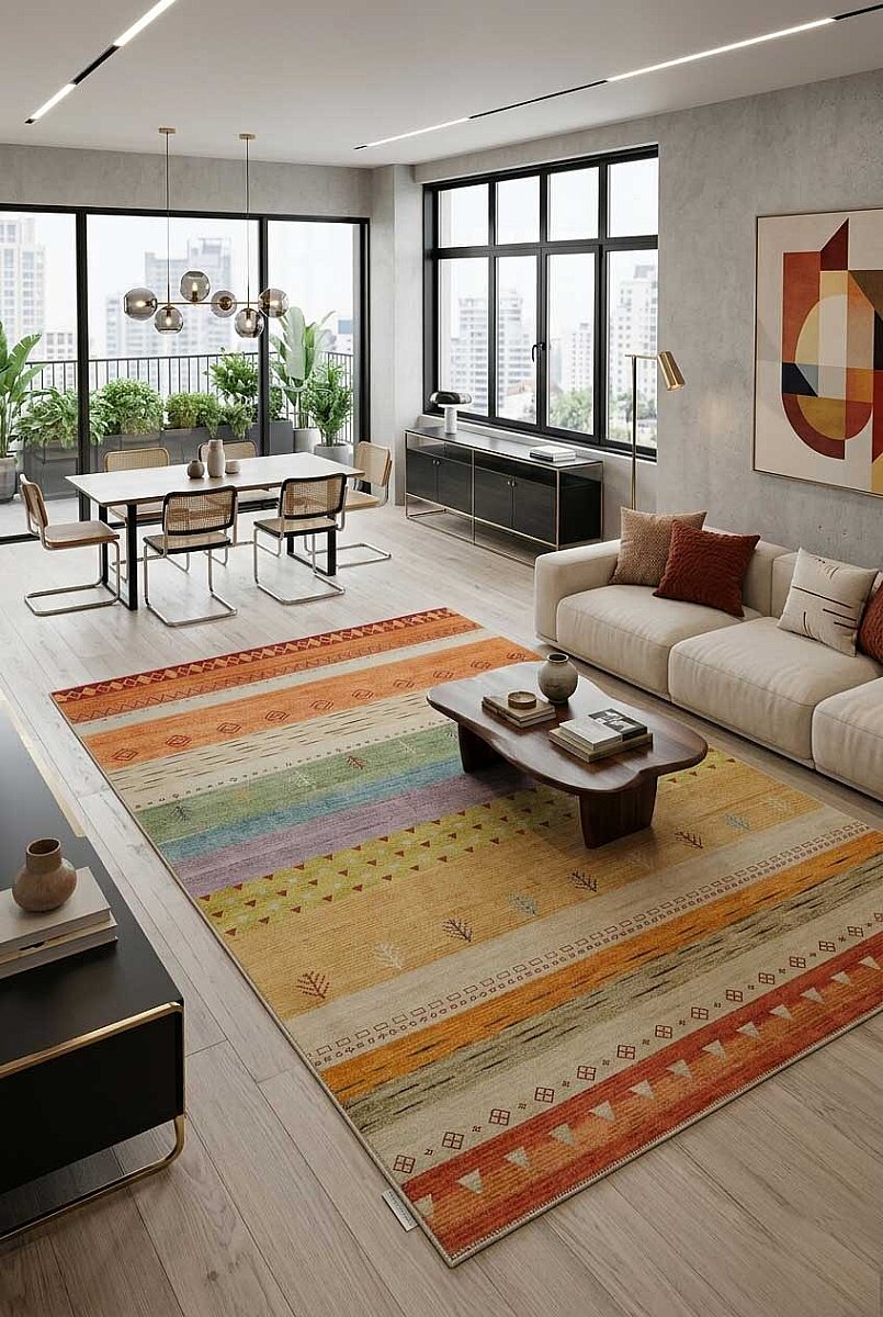 Etnik Kilim Desenli Pamuk Taban Yıkanabilir Baskılı Halı Turuncu 