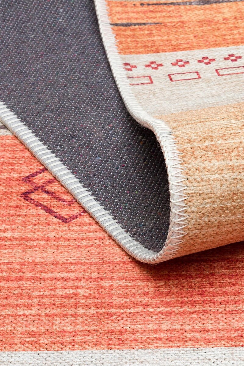 Etnik Kilim Desenli Pamuk Taban Yıkanabilir Baskılı Halı Turuncu - 4
