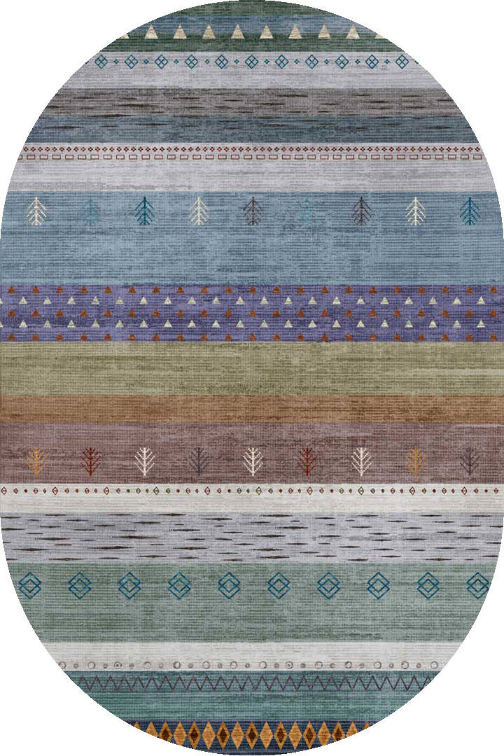 Etnik Kilim Desenli Pamuk Taban Yıkanabilir Baskılı Oval Halı Mavi - 1