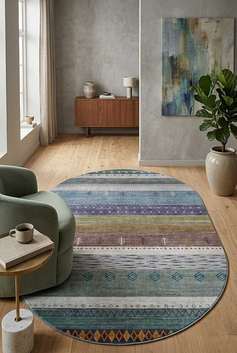 Etnik Kilim Desenli Pamuk Taban Yıkanabilir Baskılı Oval Halı Mavi 