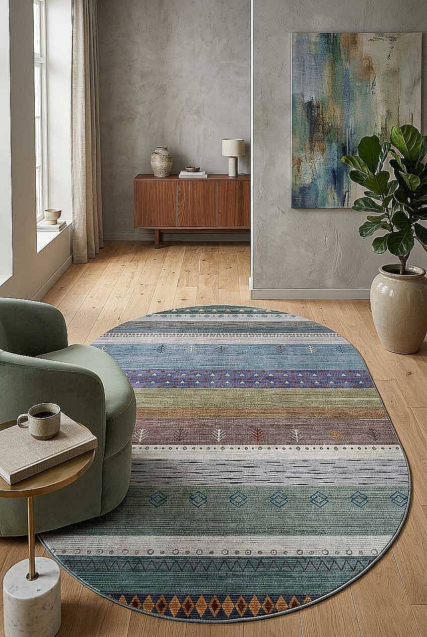 Etnik Kilim Desenli Pamuk Taban Yıkanabilir Baskılı Oval Halı Mavi - 1