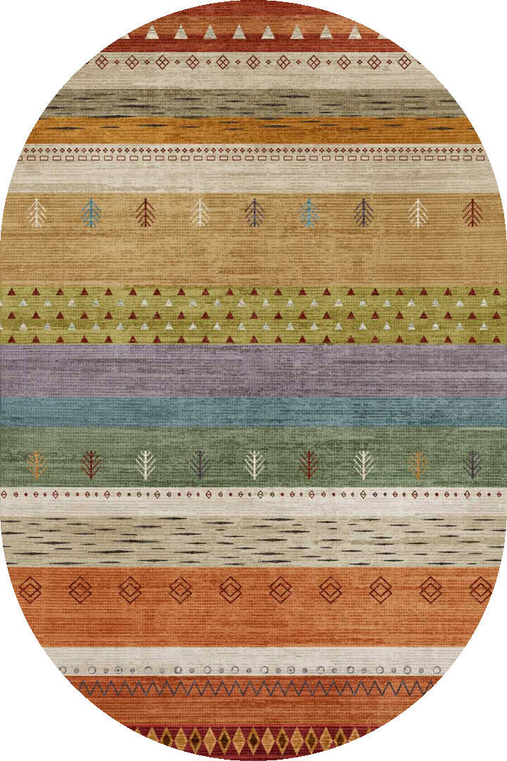 Etnik Kilim Desenli Pamuk Taban Yıkanabilir Baskılı Oval Halı Turuncu - 1