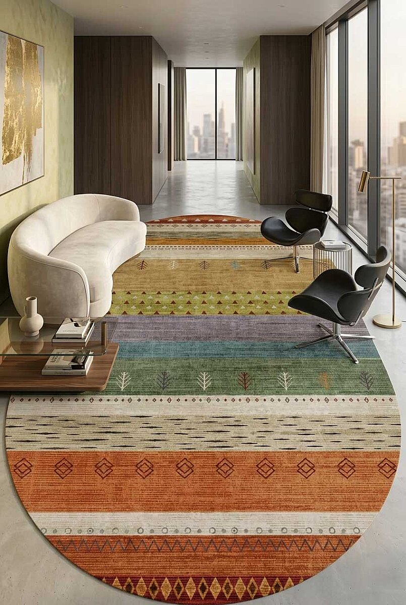 Etnik Kilim Desenli Pamuk Taban Yıkanabilir Baskılı Oval Halı Turuncu 