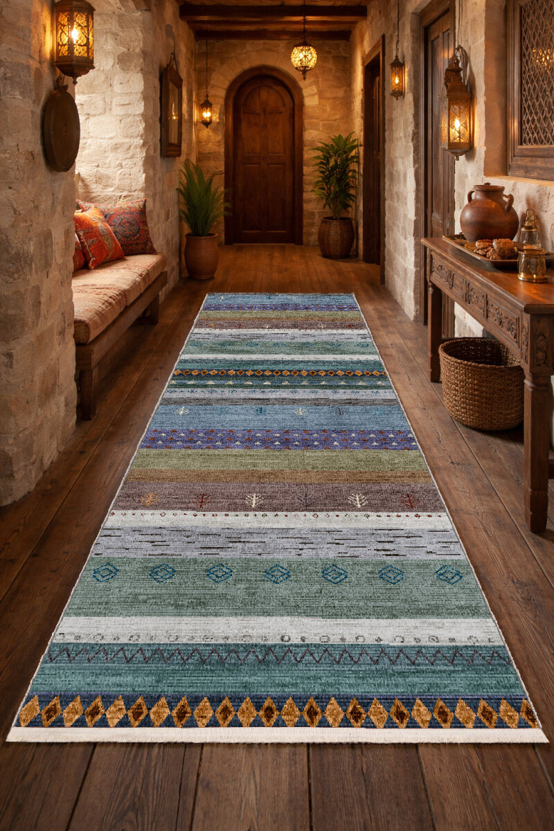 Etnik Kilim Desenli Pamuk Taban Yıkanabilir Baskılı Yolluk Kesme Halı Mavi - Frenda