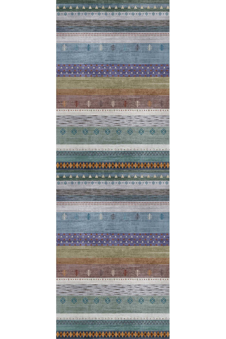 Etnik Kilim Desenli Pamuk Taban Yıkanabilir Baskılı Yolluk Kesme Halı Mavi - Frenda (1)