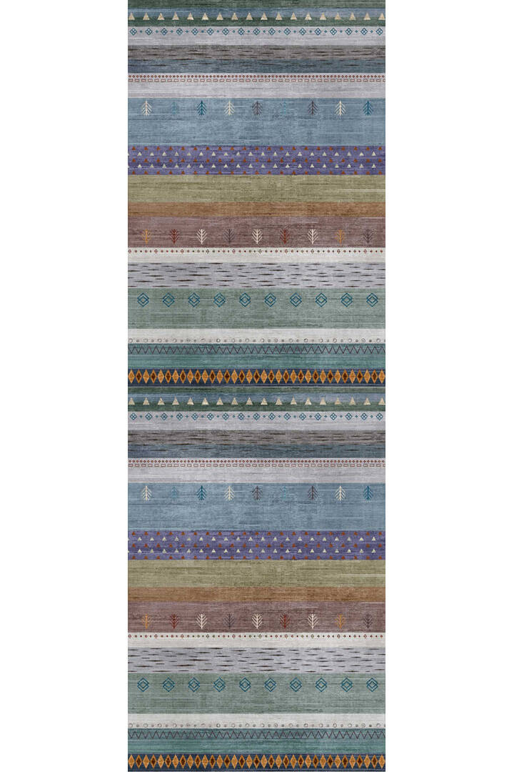 Etnik Kilim Desenli Pamuk Taban Yıkanabilir Baskılı Yolluk Kesme Halı Mavi - 2