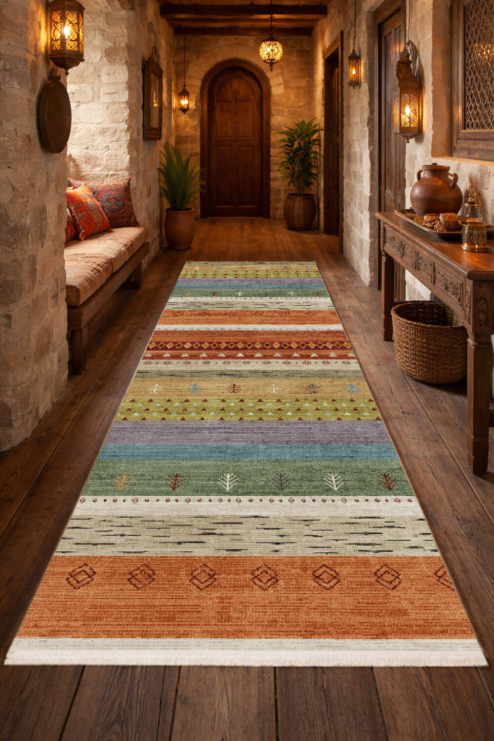 Etnik Kilim Desenli Pamuk Taban Yıkanabilir Baskılı Yolluk Kesme Halı Turuncu - 1