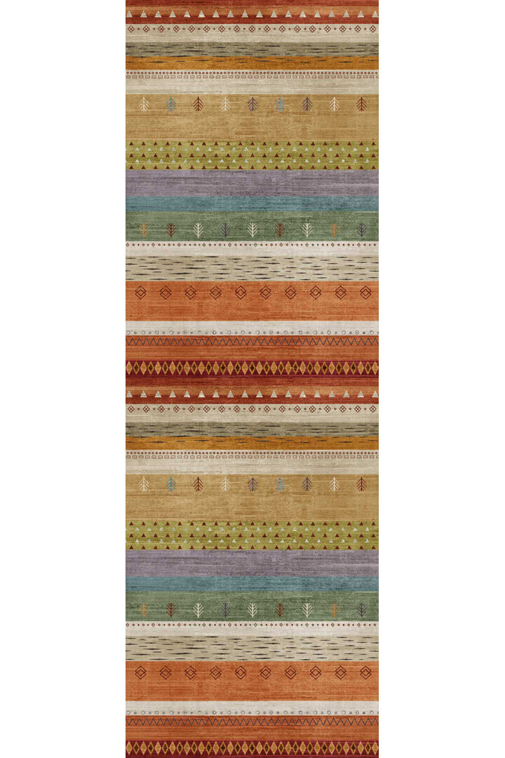 Etnik Kilim Desenli Pamuk Taban Yıkanabilir Baskılı Yolluk Kesme Halı Turuncu - Frenda (1)