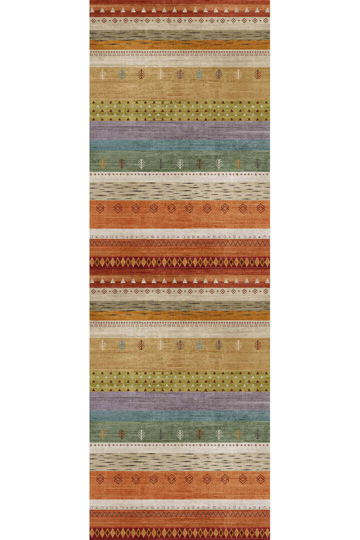 Etnik Kilim Desenli Pamuk Taban Yıkanabilir Baskılı Yolluk Kesme Halı Turuncu - 2