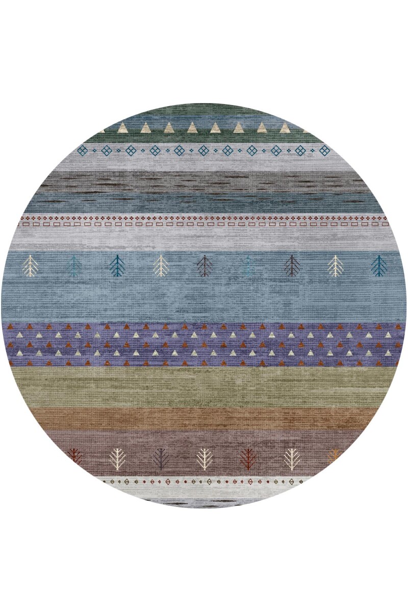 Etnik Kilim Desenli Pamuk Taban Yıkanabilir Baskılı Yuvarlak Halı Mavi 