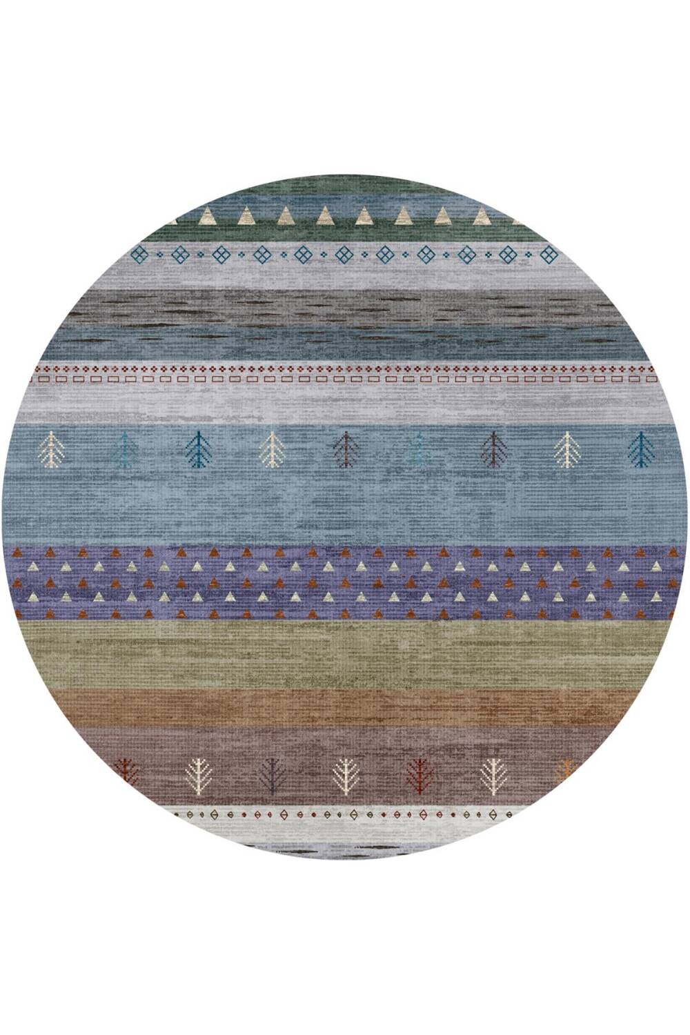 Etnik Kilim Desenli Pamuk Taban Yıkanabilir Baskılı Yuvarlak Halı Mavi - 1