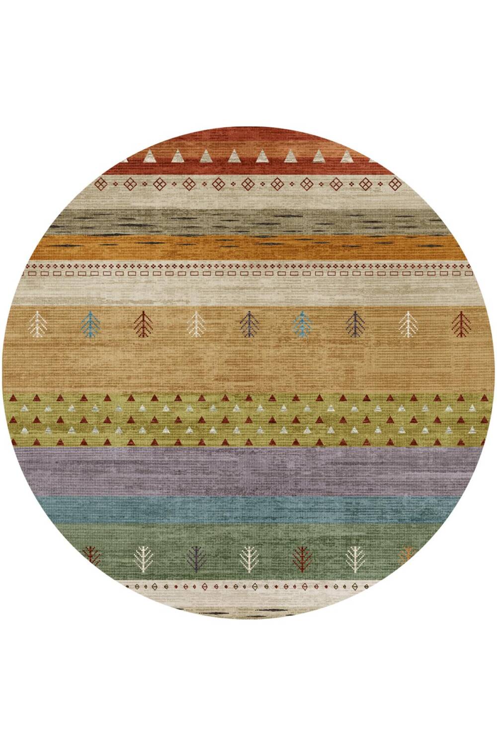 Etnik Kilim Desenli Pamuk Taban Yıkanabilir Baskılı Yuvarlak Halı Turuncu - 1