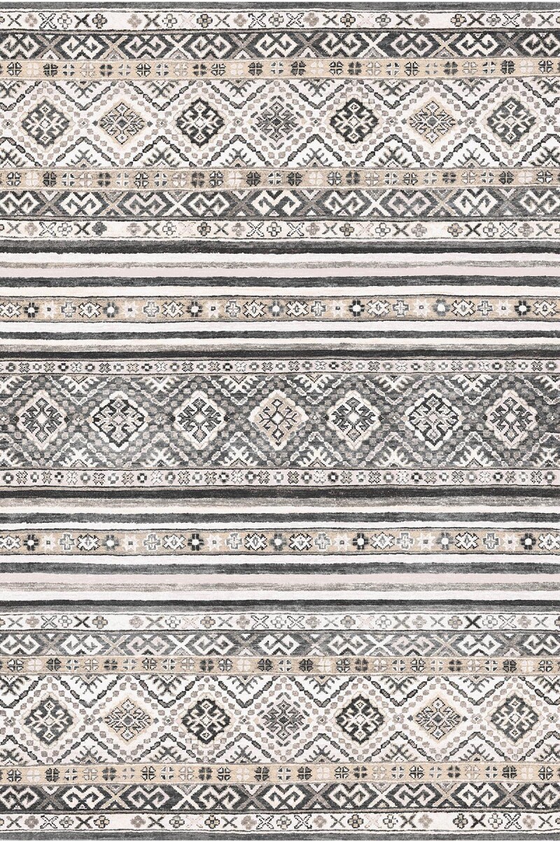 Etnik Kilim Desenli Pamuk Taban Yıkanabilir Dekoratif Halı Gri - Frenda