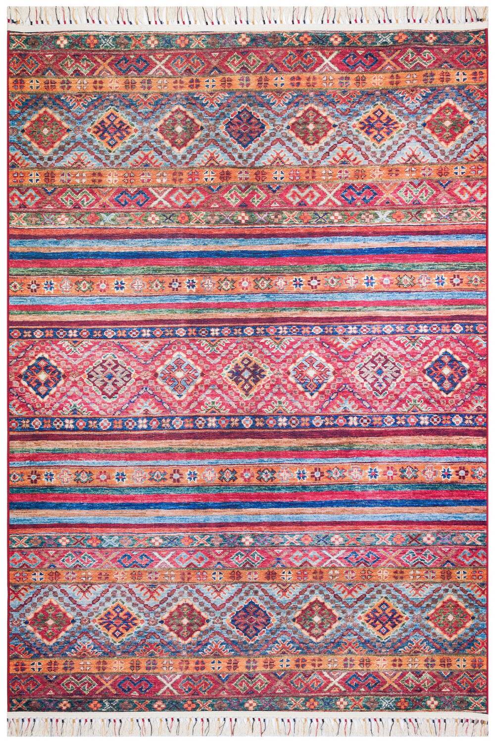 Etnik Kilim Desenli Pamuk Taban Yıkanabilir Dekoratif Halı Kırmızı - 1