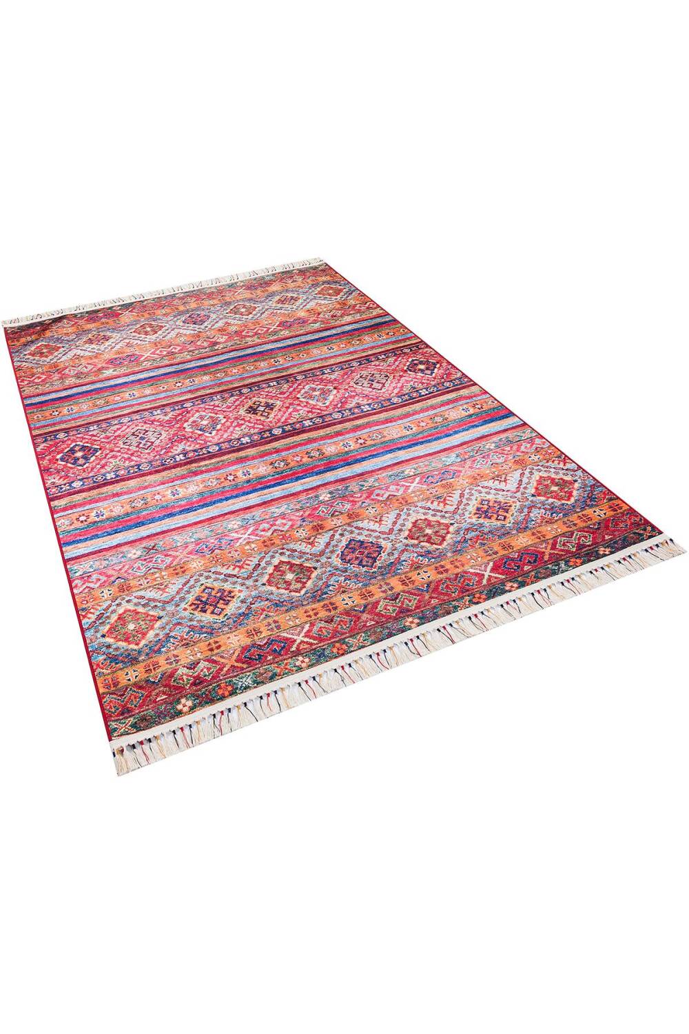 Etnik Kilim Desenli Pamuk Taban Yıkanabilir Dekoratif Halı Kırmızı - 2