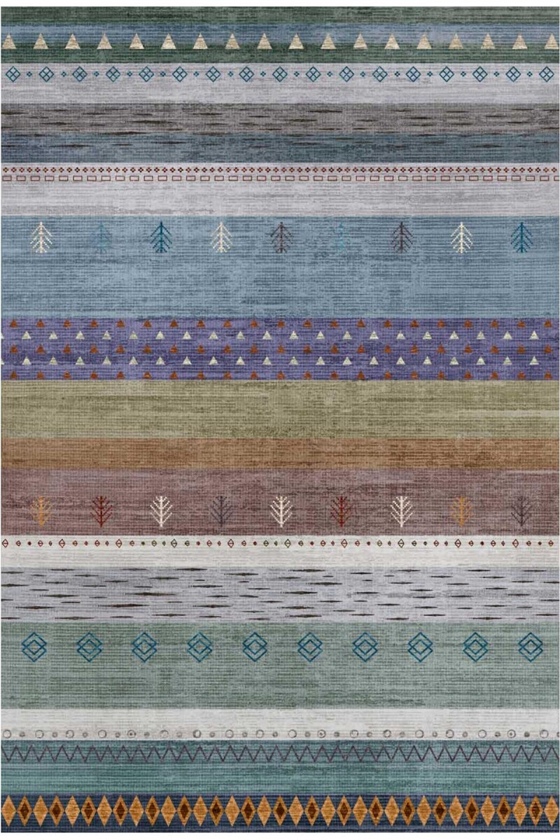 Etnik Kilim Desenli Şönil Taban Yıkanabilir Baskılı Halı Mavi 