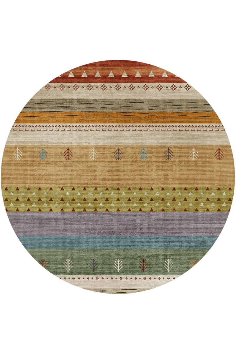 Etnik Kilim Desenli Şönil Taban Yıkanabilir Baskılı Yuvarlak Halı Turuncu - Frenda