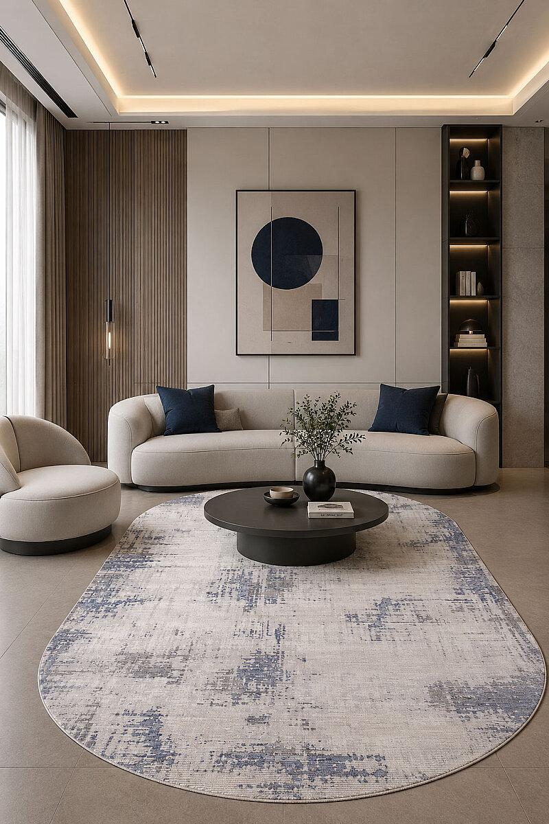 Etro Dekoratif Modern Akrilik Makine Oval Halı Et01 Mavi - Frenda