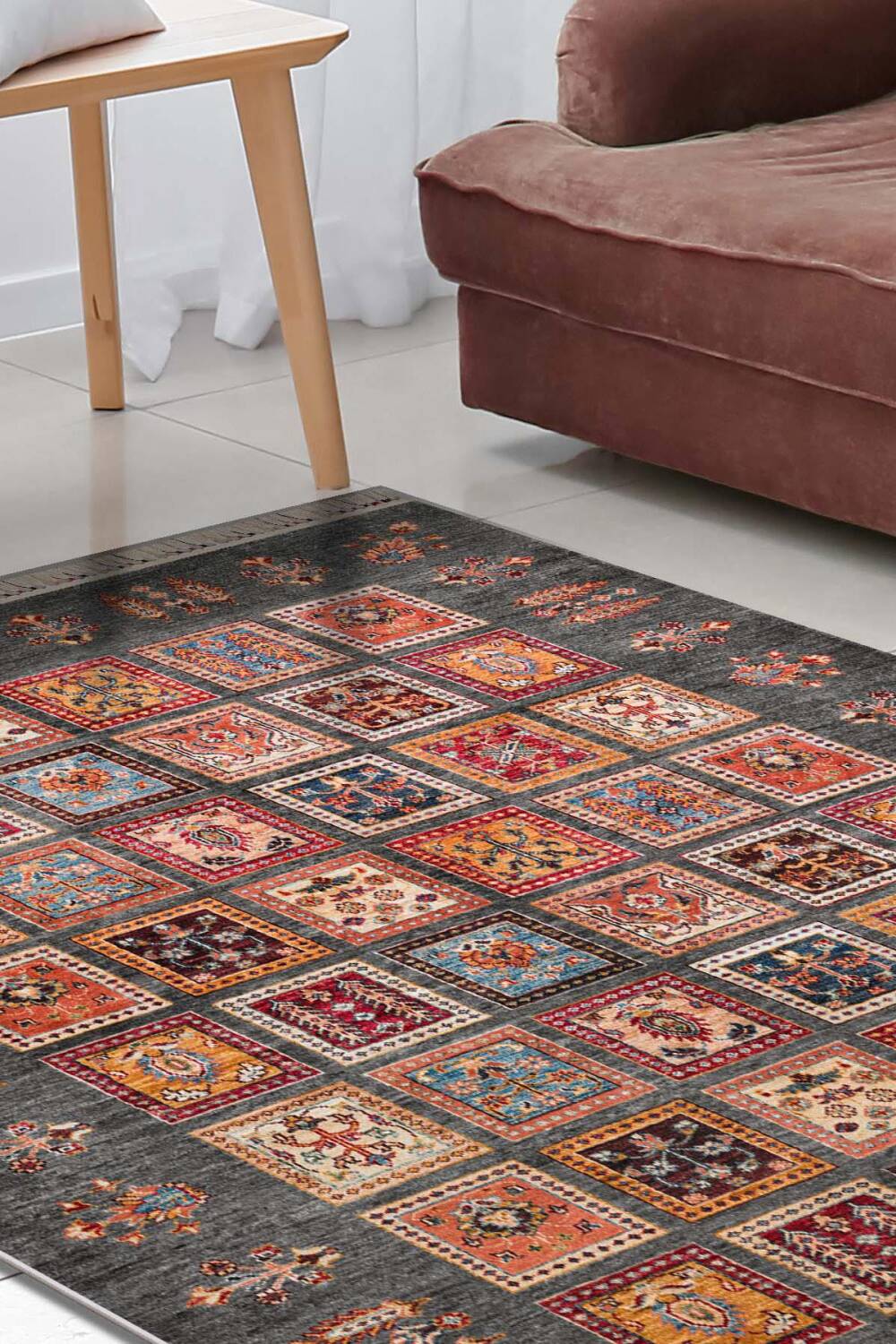 Frenda Home Binbirgece Pamuk Taban Yıkanabilir Dijital Baskılı Halı Gri - 1