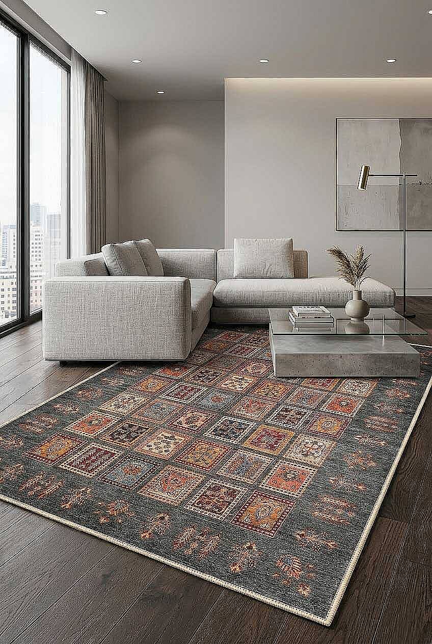 Frenda Home Binbirgece Pamuk Taban Yıkanabilir Dijital Baskılı Halı Gri - 1