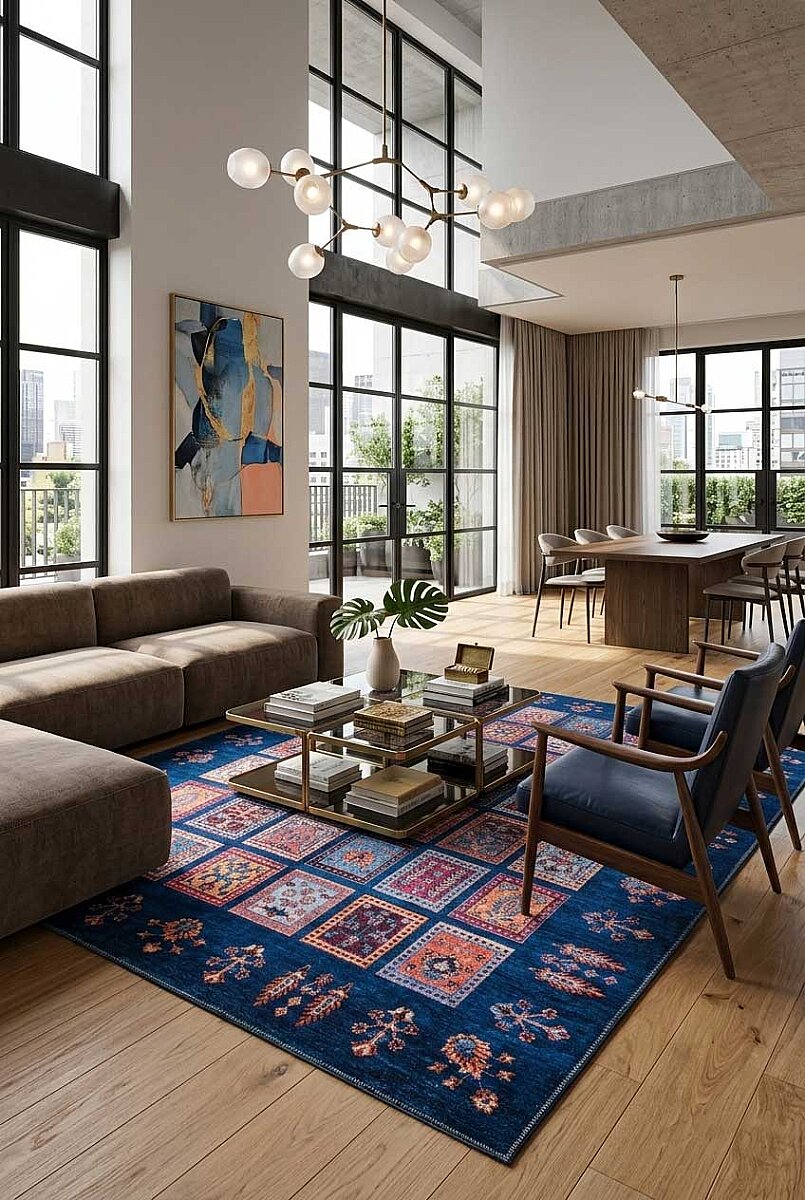 Frenda Home Binbirgece Pamuk Taban Yıkanabilir Dijital Baskılı Halı Lacivert - Frenda
