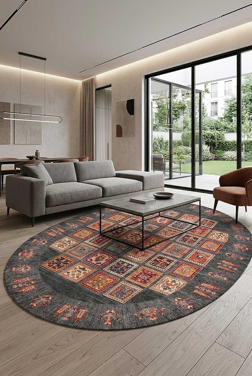 Frenda Home Binbirgece Pamuk Taban Yıkanabilir Dijital Baskılı Oval Halı Gri