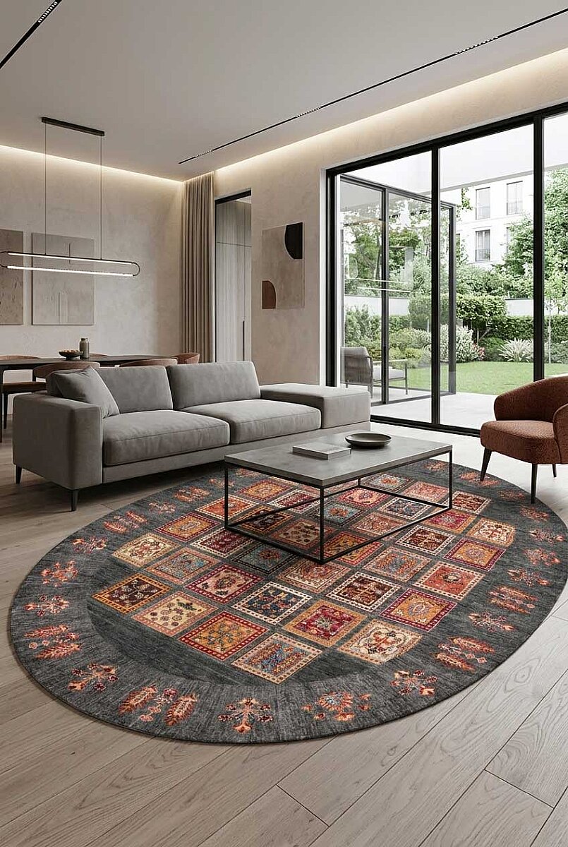 Frenda Home Binbirgece Pamuk Taban Yıkanabilir Dijital Baskılı Oval Halı Gri 
