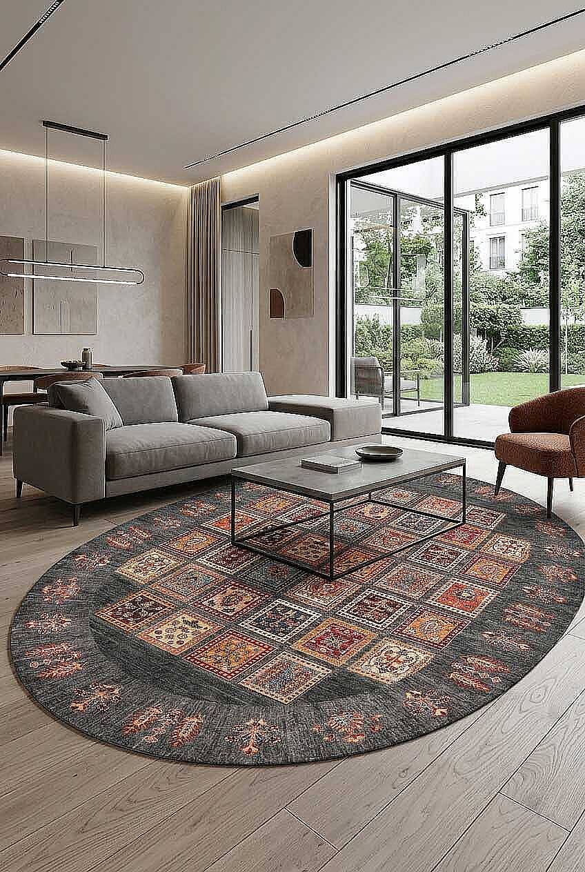 Frenda Home Binbirgece Pamuk Taban Yıkanabilir Dijital Baskılı Oval Halı Gri - 1
