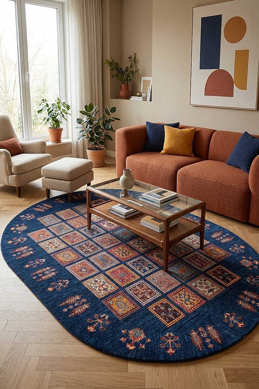 Frenda Home Binbirgece Pamuk Taban Yıkanabilir Dijital Baskılı Oval Halı Lacivert