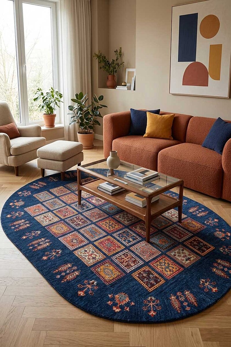 Frenda Home Binbirgece Pamuk Taban Yıkanabilir Dijital Baskılı Oval Halı Lacivert 