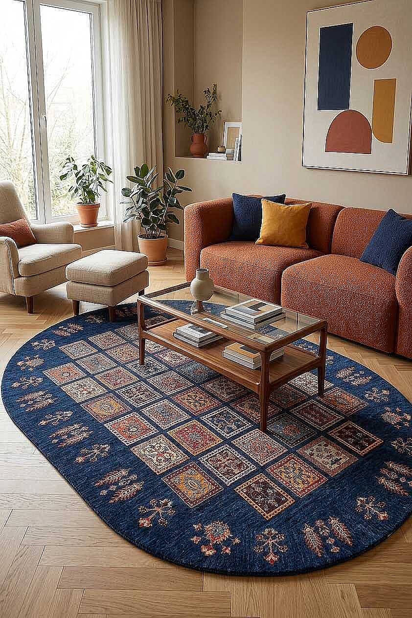 Frenda Home Binbirgece Pamuk Taban Yıkanabilir Dijital Baskılı Oval Halı Lacivert - 1