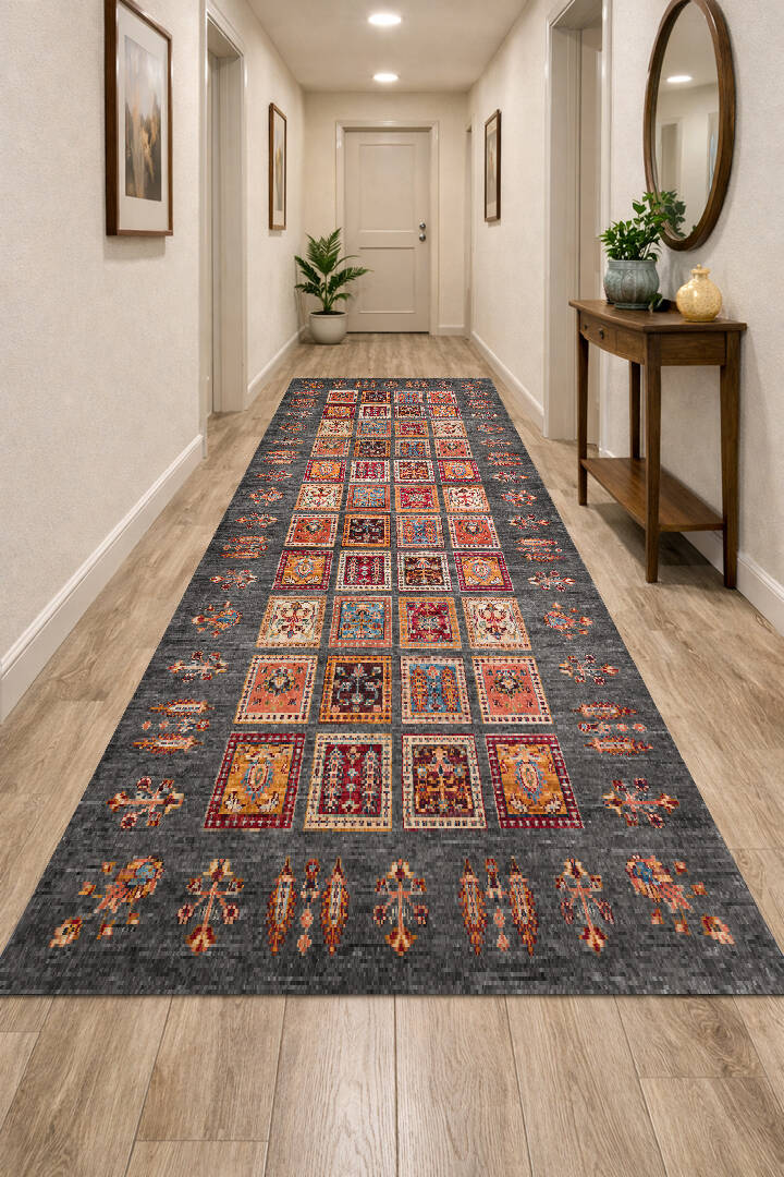 Frenda Home Binbirgece Pamuk Taban Yıkanabilir Dijital Baskılı Yolluk Halı Gri - 1