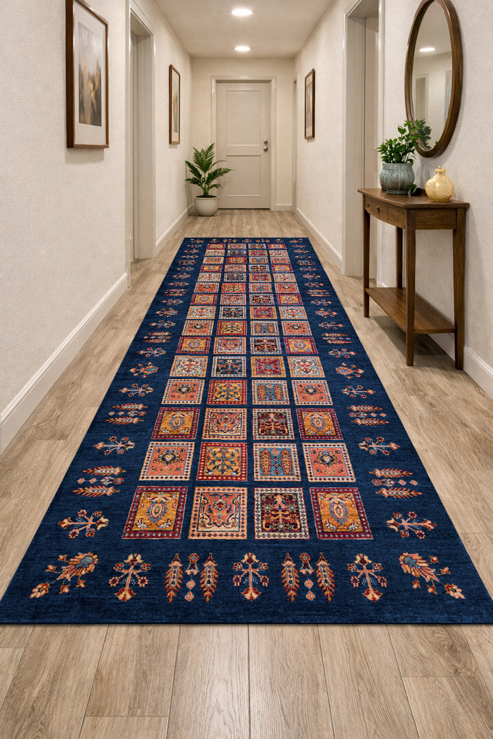 Frenda Home Binbirgece Pamuk Taban Yıkanabilir Dijital Baskılı Yolluk Halı Lacivert 