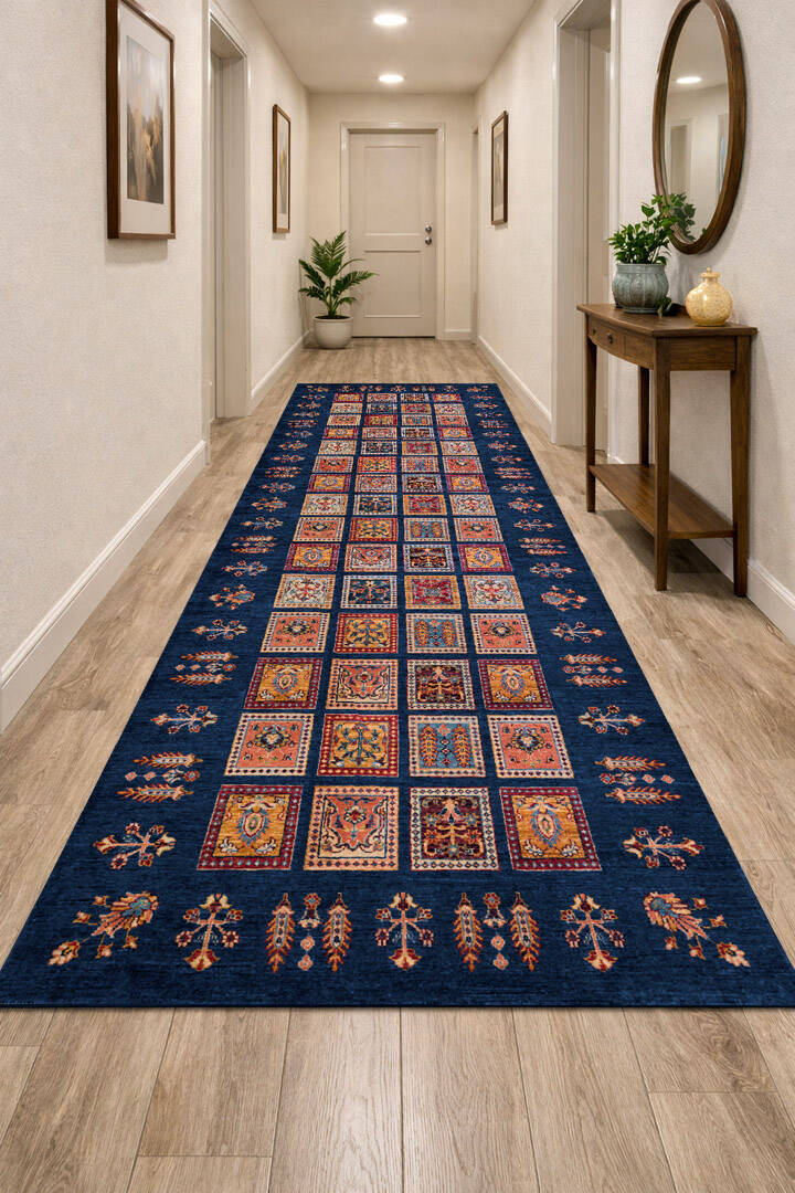 Frenda Home Binbirgece Pamuk Taban Yıkanabilir Dijital Baskılı Yolluk Halı Lacivert - 1