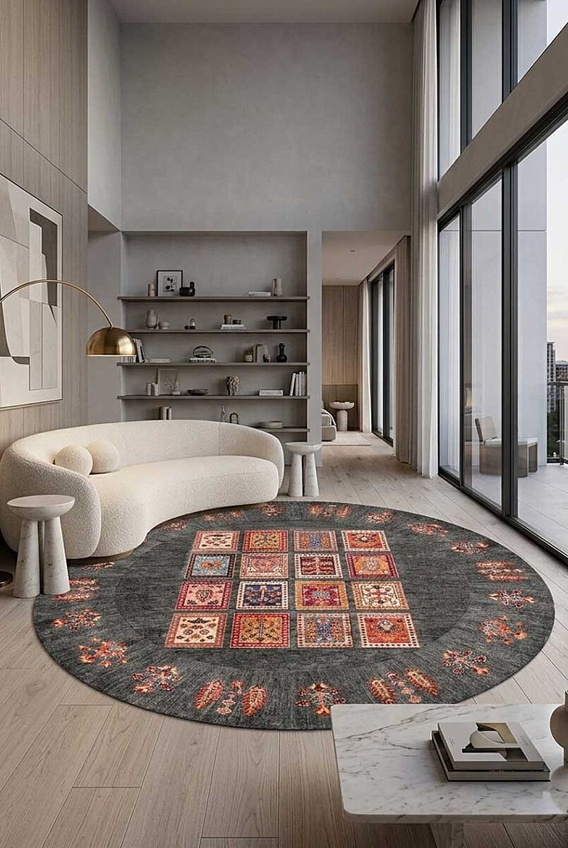 Frenda Home Binbirgece Pamuk Taban Yıkanabilir Dijital Baskılı Yuvarlak Halı Gri - Frenda
