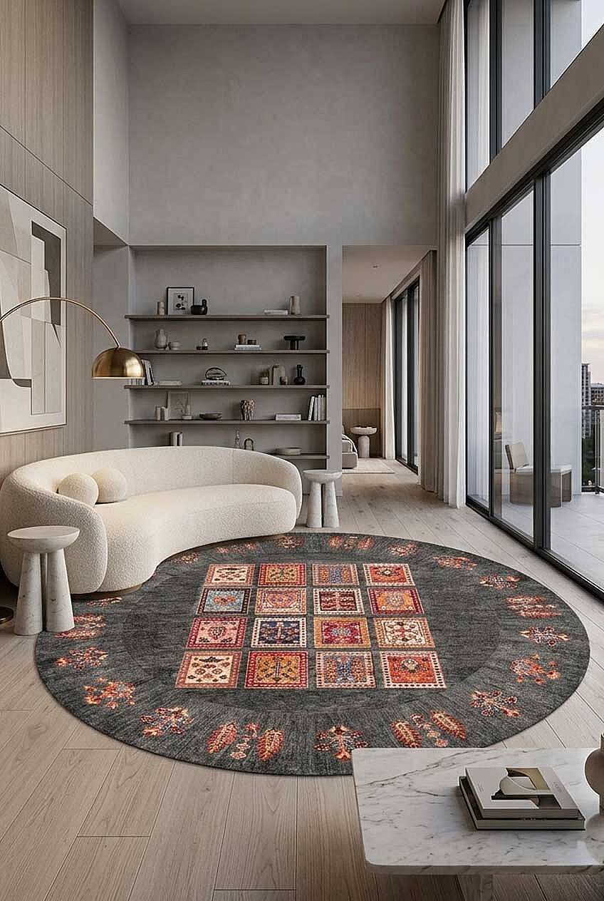 Frenda Home Binbirgece Pamuk Taban Yıkanabilir Dijital Baskılı Yuvarlak Halı Gri - 1