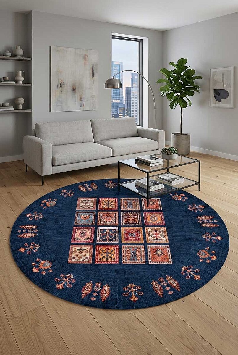 Frenda Home Binbirgece Pamuk Taban Yıkanabilir Dijital Baskılı Yuvarlak Halı Lacivert 