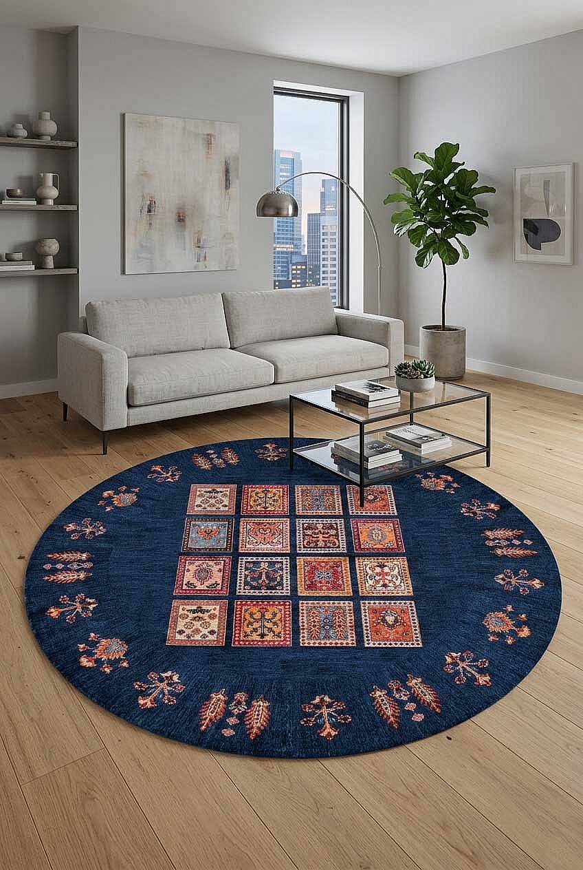 Frenda Home Binbirgece Pamuk Taban Yıkanabilir Dijital Baskılı Yuvarlak Halı Lacivert - 1