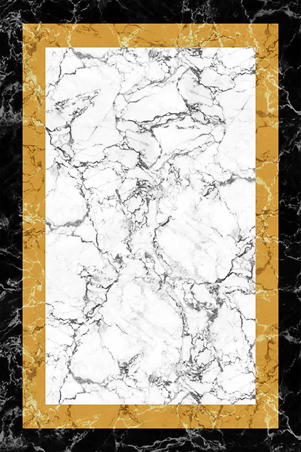 Frenda Home Çerçeve Mermer Desen Kaymaz Deri Taban Dekoratif Halı Sarı - 1