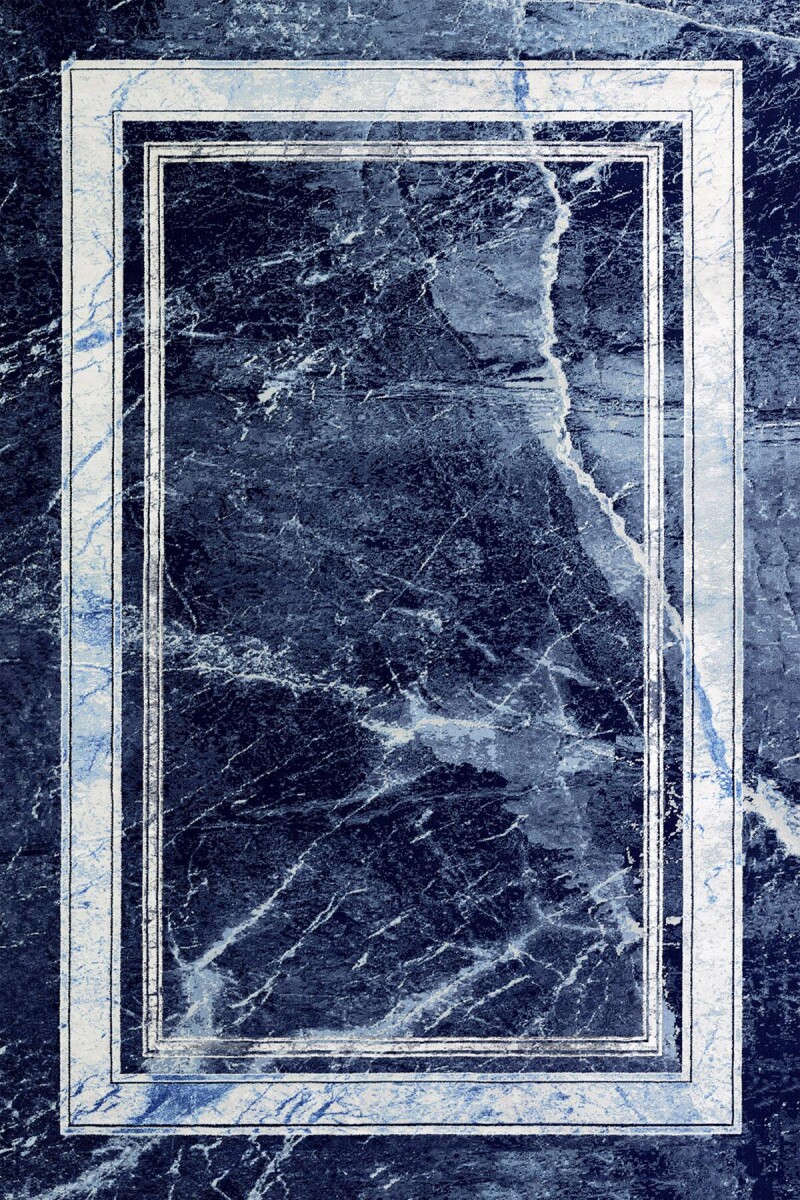 Frenda Home Çerçeve Mermer Desen Pamuk Taban Yıkanabilir Baskılı Halı Lacivert 