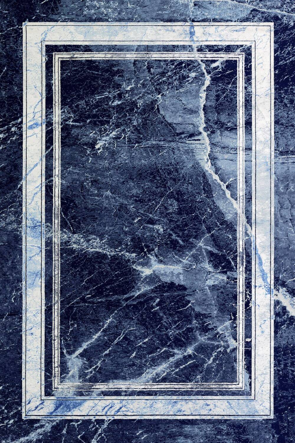 Frenda Home Çerçeve Mermer Desen Pamuk Taban Yıkanabilir Baskılı Halı Lacivert - 1