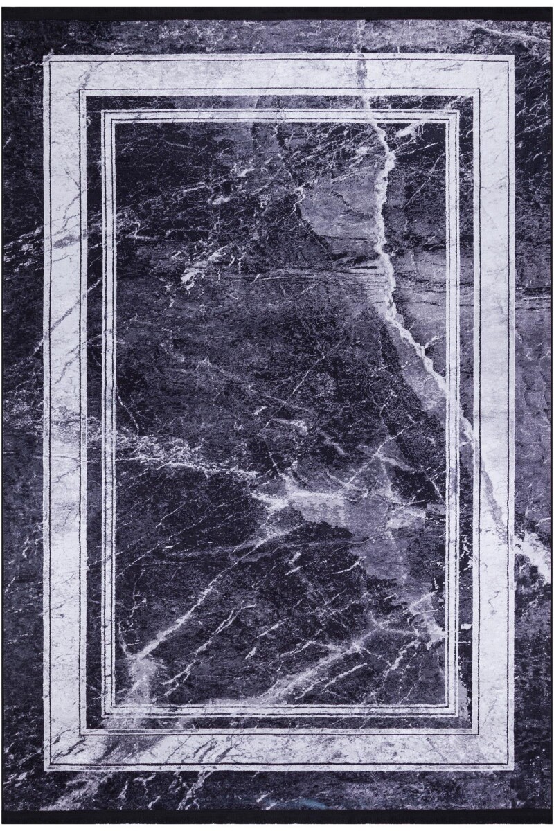 Frenda Home Çerçeve Mermer Desen Pamuk Taban Yıkanabilir Baskılı Halı Siyah - Frenda