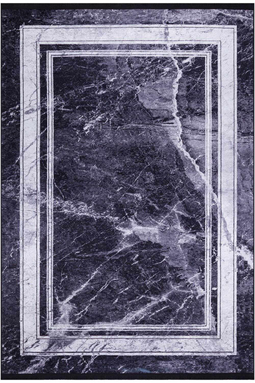 Frenda Home Çerçeve Mermer Desen Pamuk Taban Yıkanabilir Baskılı Halı Siyah - 1