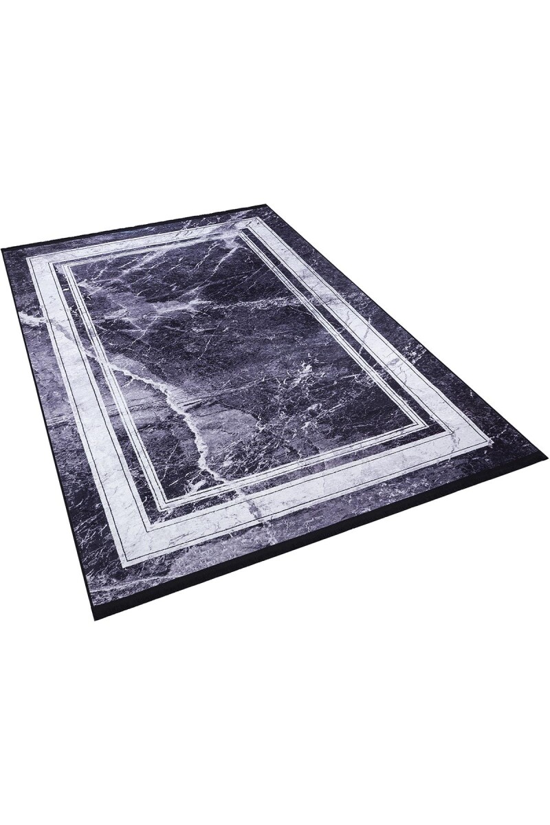 Frenda Home Çerçeve Mermer Desen Pamuk Taban Yıkanabilir Baskılı Halı Siyah - Frenda (1)
