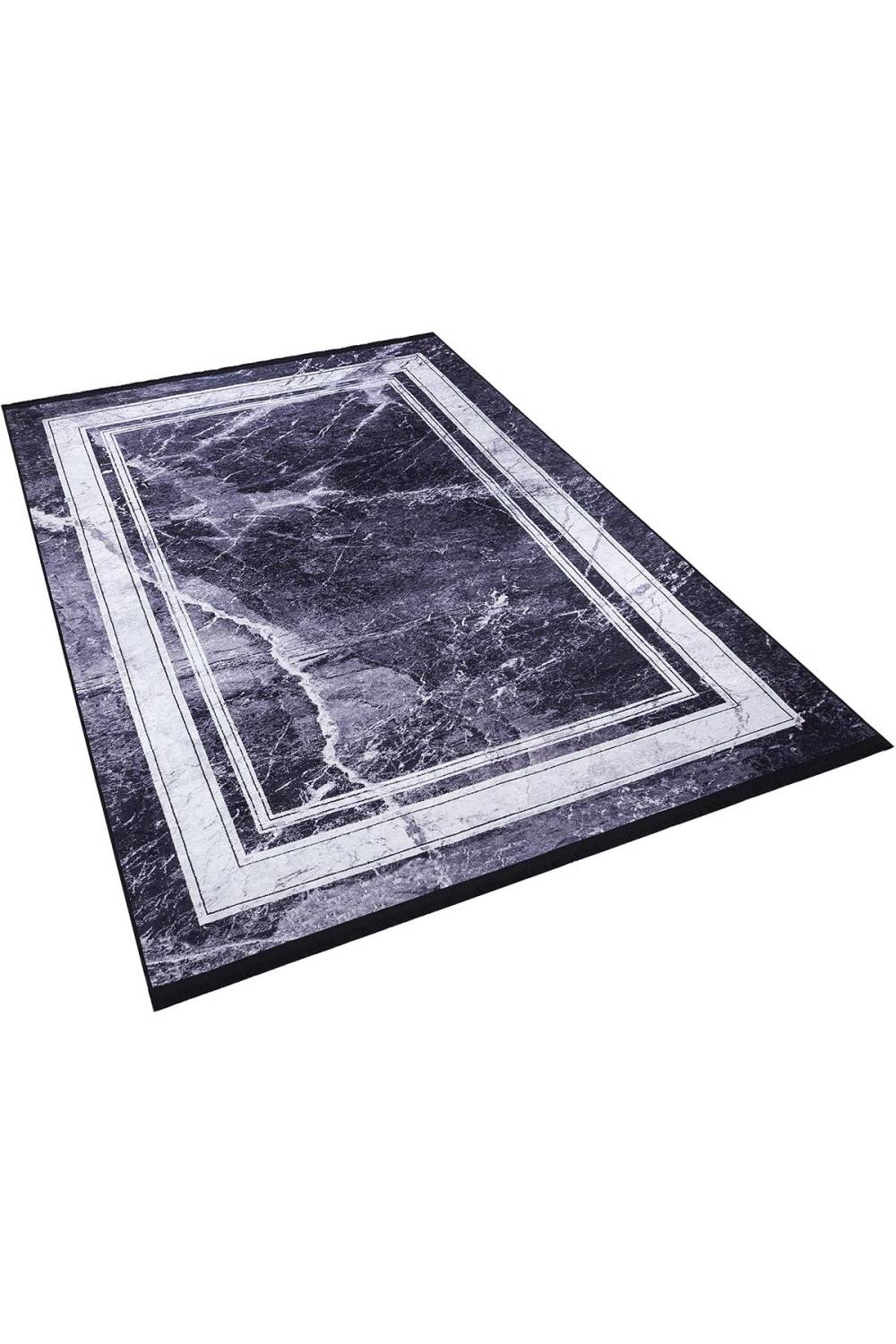 Frenda Home Çerçeve Mermer Desen Pamuk Taban Yıkanabilir Baskılı Halı Siyah - 2