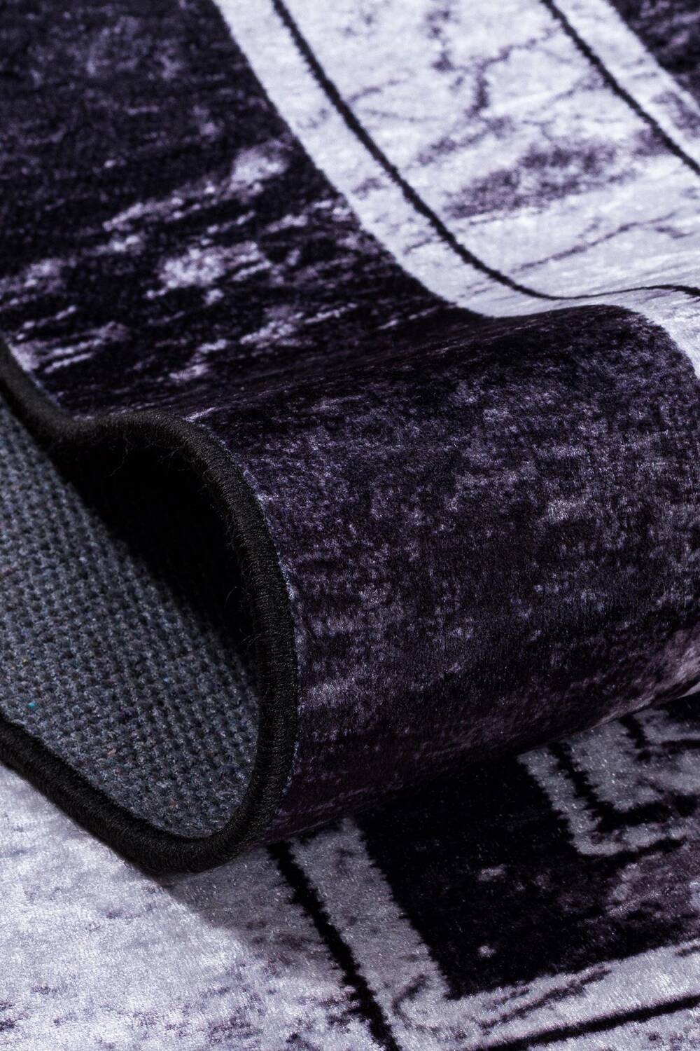 Frenda Home Çerçeve Mermer Desen Pamuk Taban Yıkanabilir Baskılı Halı Siyah - 4