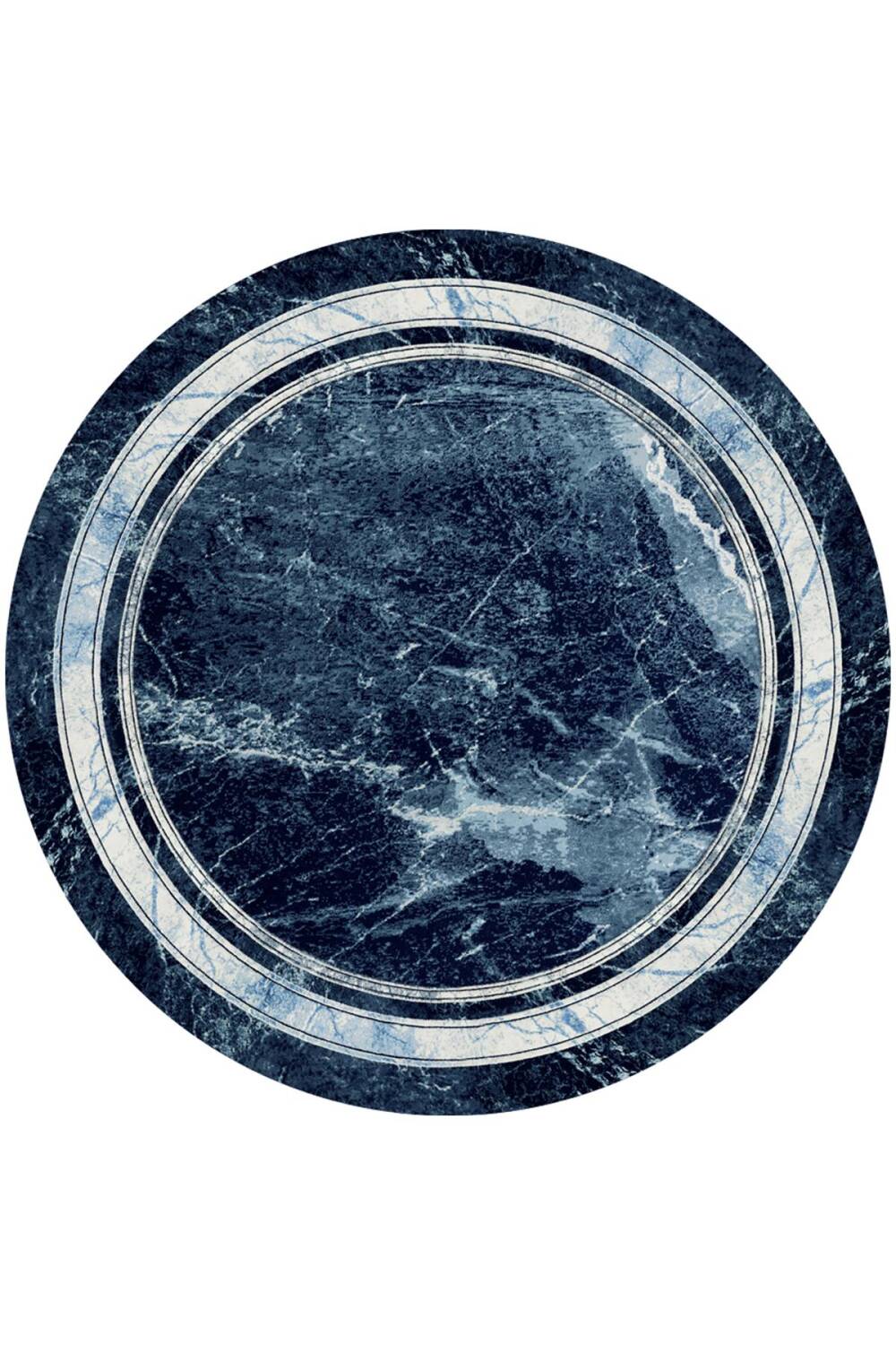 Frenda Home Çerçeve Mermer Desen Pamuk Taban Yıkanabilir Baskılı Yuvarlak Halı Lacivert - 1