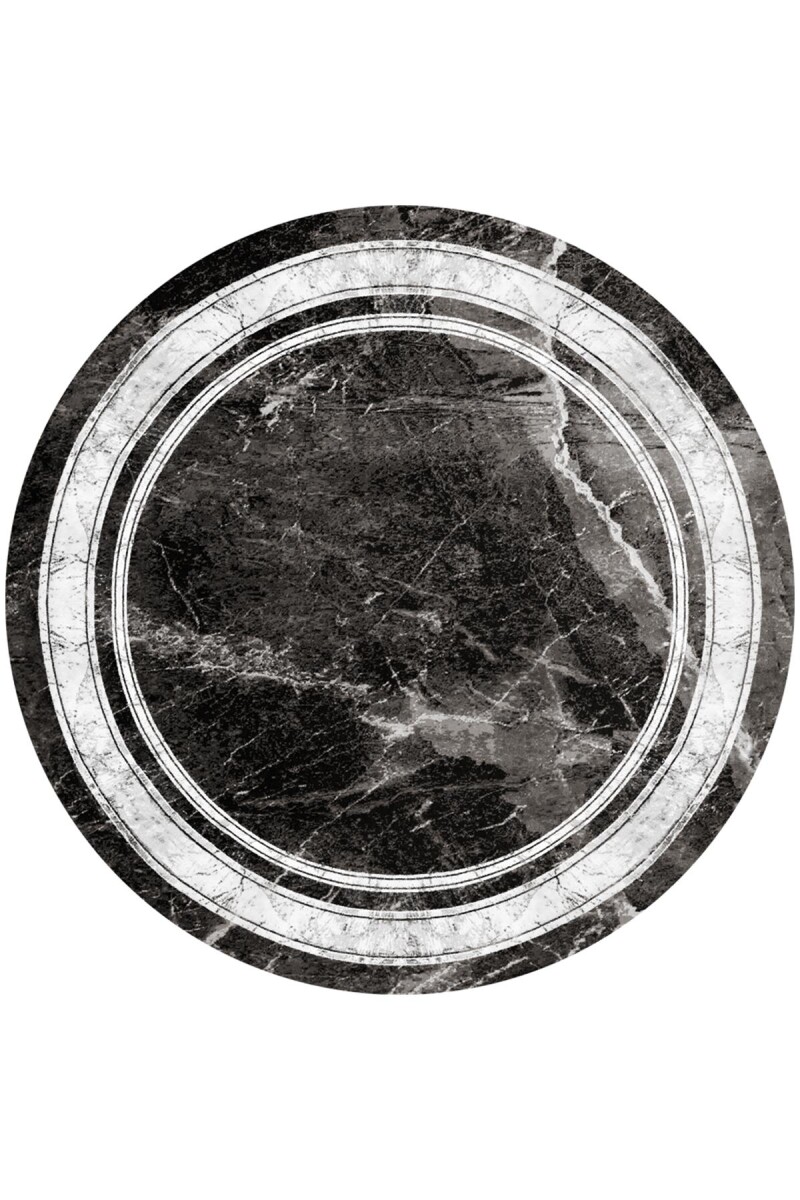 Frenda Home Çerçeve Mermer Desen Pamuk Taban Yıkanabilir Baskılı Yuvarlak Halı Siyah - Frenda