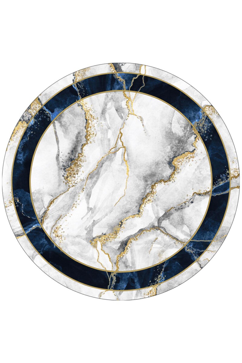 Frenda Home Çerçeveli Mermer Desen Kaymaz Deri Taban Dekoratif Yuvarlak Halı Lacivert - Frenda